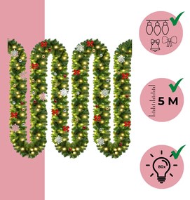 Jurhan ANDREA karácsonyi girland világítással, díszített, 5m, zöld