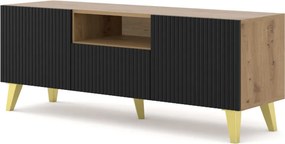RAVENNA TV-állvány 150 cm, matt fekete ajtókkal, artisan tölgy színű korpusszal, 2 ajtóval és 1 fiókkal