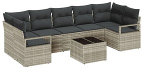 8 darabos Kerti Sofa Szett Párnákkal Világosszürke Poli Rattan, 2-Fős Kerti Sofa Tárolóval és Párnákkal Szürke Poli Rattan