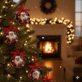 Vintage Gömb karácsonyfadísz díszdobozban - 6 darabos 6 cm - Mikulás kislánnyal