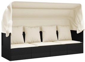 Fekete polyrattan kültéri társalgókanapé tetővel és párnákkal