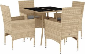 vidaXL 5 részes bézs polyrattan/üveg kerti étkezőgarnitúra párnákkal