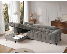 Szürkésbarna bársony kinyitható-tárolóhelyes sarokkanapé (bal oldali-heverő résszel) Felro – ELTAP