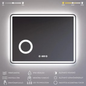 Fürdőszobai LED tükör 90x70cm | Páramentesítő - Kozmetikai tükör - Fényerő + színhőfok állítás - Digitális óra | Welland Luxury-Line G796