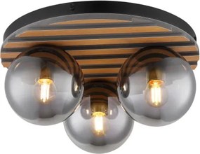 Globo 54343-3 Mennyezeti lámpa, matt fekete fém, sötét fa hatású MDF, füstszínű üveggömbök, ø: 390 mm, M: 200 mm, 3xE27 40W 230 V izzók nélkül