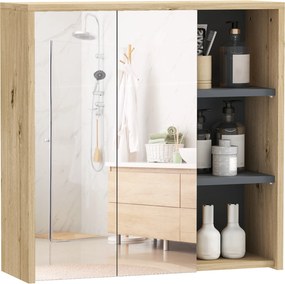 HOMCOM Fürdőszobai Szekrény Tükörrel Fali Fürdőszobai Tükörszekrény Polcokkal Modern Stílus 60x20x60 cm Természetes Fa | Aosom