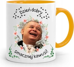 Sárga Vicces Bögre Jaroslaw Kaczynski felirattal, fényképpel