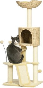 PawHut macskakaromfa 116 cm macskafa macskaodúval, macskaággyal, beltéri mászótoronnyal labdával, kaparódeszkával, plüss macskabútorral 5 kg-ig, Bézs