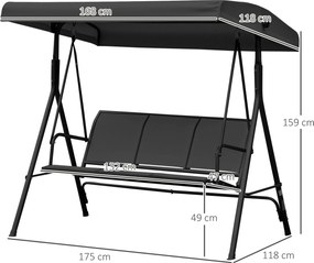 Outsunny 3-Fős Grand Confort Kerti Hinta Állítható Napernyő Ergonomikus Ülés és Háttámla Epoxi Gyanta Acél Textilene Fekete | Aosom