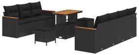 10 Részes Kert Sofa Szett Párnákkal Fekete Poli Rattan Akáciával