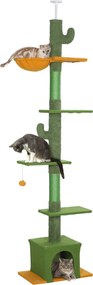 PawHut Mennyezetre Rögzíthető Macska Kaparóoszlop, Macskafa, 230-275 cm Macska Kaparóoszlop Macska Bújóval, Kaparóoszlopokkal, Játékfallal, Antitipiku