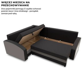 Grande sarokkanapé polcokkal , polc a jobb karfaban, baloldali, szövet anyag, hab töltet, fekete - szürke