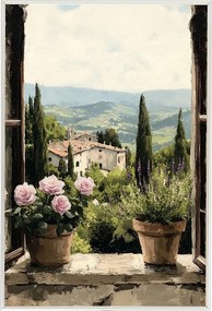 Poszter Keret Alumínium Ablak Olaszország Toszkána Virágok Rózsák Levendula 40x60