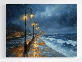 Vászonkép Canvas Tenger Tengerpart Sétány Eső Vihar Hullámok Éjszaka 80x60