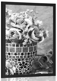 Poszter moazik cserép szekfű virággal fekete fehérben