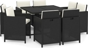 vidaXL 9 részes fekete polyrattan kerti étkezőgarnitúra párnákkal