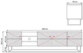 Asha RTV szekrény 200 cm - kasmír / fém vázas, bordázott kialakítás / nyitott polc