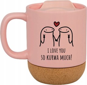 Rózsaszín Bögre Fedéllel És Parafa Aljjal Ajándék I Love You