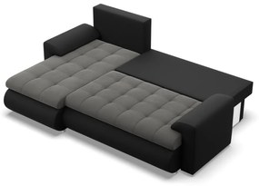 Tokio sarokkanapé, 2 ágyneműtartóval, bársony + műbőr, baloldali, szürke - fekete