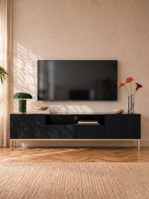 Nicole TV-szekrény 200 cm nyitott polccal és fiókokkal - matt fekete / arany lábak