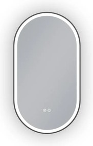 Erga Gwen, ovális LED tükör 50x90cm fekete fém keretben, 3 világos szín, elülső világítás, páramentes fűtőpárna, ERG-V01-GWEN-5090-BK