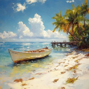 Vászonkép Canvas Tájkép Óceán Tengerpart Pálmafák Kikötő Móló Csónak 40x40