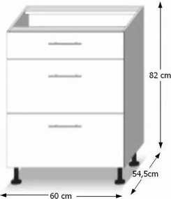 Alsószekrény három fiókkal D60, fehér magas fényű HG, LINE