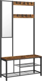 Előszoba fogas polccal, akasztókkal, tükörrel, cipőtartóval és ülőkével, rusztikus barna 98x36x185cm