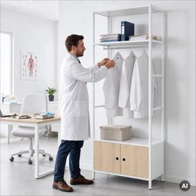 Irodai polc nyitott ruhaakasztó rúddal, recepcióra és váróterembe, fém, fehér/sonoma tölgy, 800x2200x400 mm: ARIEL Eco Design
