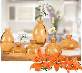 Virágos üveg váza Dekoráció szett Borostyán üveg kancsók 6 db-os