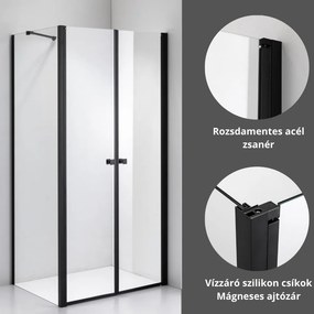 Stuxi Roma Black 70x80 aszimmetrikus kétszárnyú nyílóajtós zuhanykabin 6 mm vízlepergető biztonsági üveggel, matt fekete