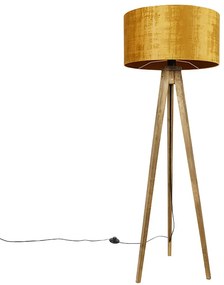 Rusztikus állványos vintage fa lámpa arany árnyékolóval 50 cm - Tripod Classic