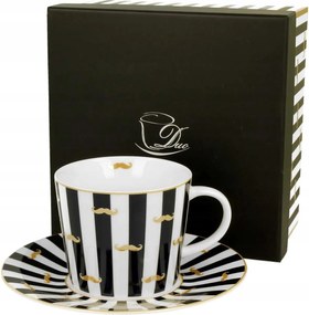 Csésze csészealjjal Bajusz csíkos 250 ml Ajándékdobozban Fehér-fekete