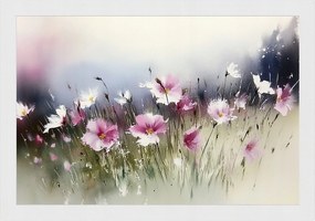 Poszter Keret Fa Akvarell Természet Kert Virágágyás Rózsaszín Virágok 60x40