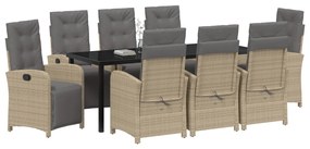 9 Darabos Kerti Étkező Garnitúra párnákkal Bézs Poli Rattan, Kerti Asztal Fekete 200x80x73 cm Edzett Üveg