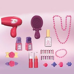 Sminkasztal lányoknak, szék és tükör, különböző kiegészítők, fények, zene, hercegnős matricák, fiók, rózsaszínű