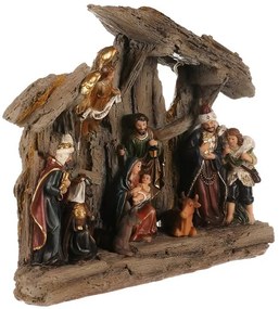 Karácsonyi dekoráció Betlehem három királyokkal ésangyallal, polirezín, LED, barna, 20x23x7cm