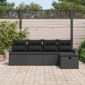 5 részes kerti kanapé készlet párnákkal - fekete poli rattan, 2 férőhelyes kerti kanapé tárolóval és párnákkal - fekete poli rattan