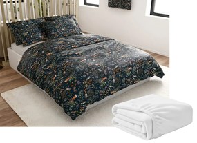 Mikroplüss ágyneműhuzat szett RÓKA ÉS NYÚL sötétzöld + mikroplüss lepedő SOFT 90x200 cm fehér, egyszemélyes