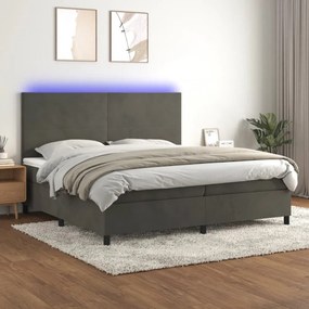 Sötétszürke bársony rugós és LED-es ágy matraccal 200x200 cm