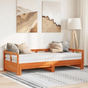 viaszbarna tömör fenyő kihúzható kanapéágy matracokkal 90x190cm