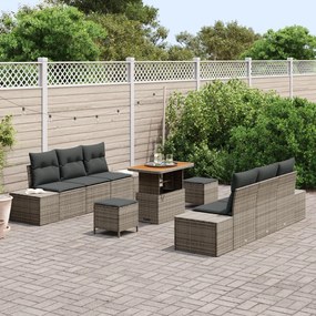 9 Részes Kerti Kanapé Készlet Párnákkal Szürke Poli Rattan Akácia, 2 Személyes Kerti Kanapé Párnákkal Szürke Poli Rattan, 3 Részes Kerti Étkező Készlet Párnákkal Szürke Poli Rattan Akácia