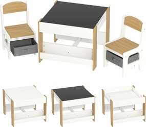 HOMCOM 3 darabos gyerek asztal és 2 szék szett, forgatható asztallappal, krétatáblával, tárolókosárral, természetes fa polcokkal | Aosom