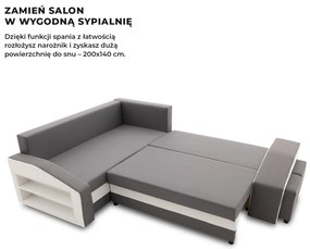 Grande sarokkanapé polcokkal és puffokkal , polc a bal karfaban puffok a jobb karfaban, baloldali, szövet anyag, bonell töltet, szürke - fehér