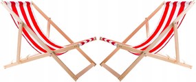 2X Összecsukható Fa Kerti Napozóágy Woodok Piros Csíkokkal