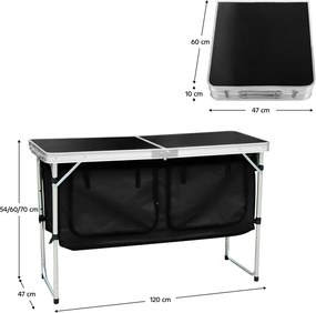 Összecsukható kempingasztal rendszerezővel, 120 cm, alumínium/MDF, KEPI TYP 3