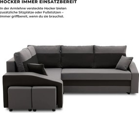 Grande sarokkanapé polcokkal és puffokkal , polc a jobb karfaban puffok a bal karfaban, baloldali, szövet anyag, bonell töltet, szürke - fekete