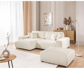 Krémszínű kordbársony kinyitható-tárolóhelyes sarokkanapé (bal oldali) Sarina – Ropez