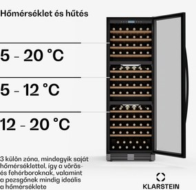 Klarstein Vinovilla Trio borhűtő, 143 palack, 3 zóna, 38 dB, 12 polc, kompresszor, 413 liter