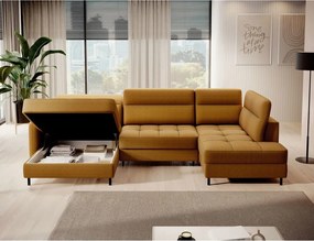 Sárga bársony kinyitható-tárolóhelyes sarokkanapé (jobb oldali-U alakú) Berrto – ELTAP